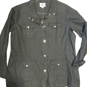 St. Johns Bay Utility Jacket Womens 1X Olive Green Cotton Field Coat Zip Snap